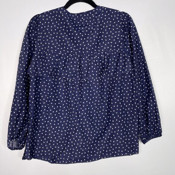 J Crew Womens 2XS Navy Blue Ruffle Tiny Cherries Printed Blouse Top Long Sleeve - Picture 2 of 14